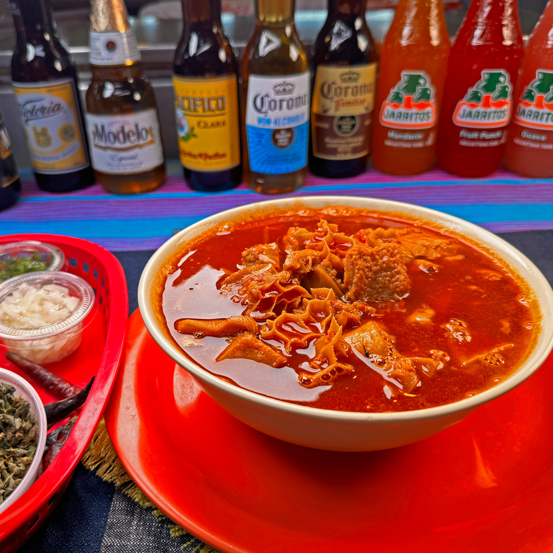 A traditional, rich and hearty Mexican soup made with tender beef tripe and hominy.