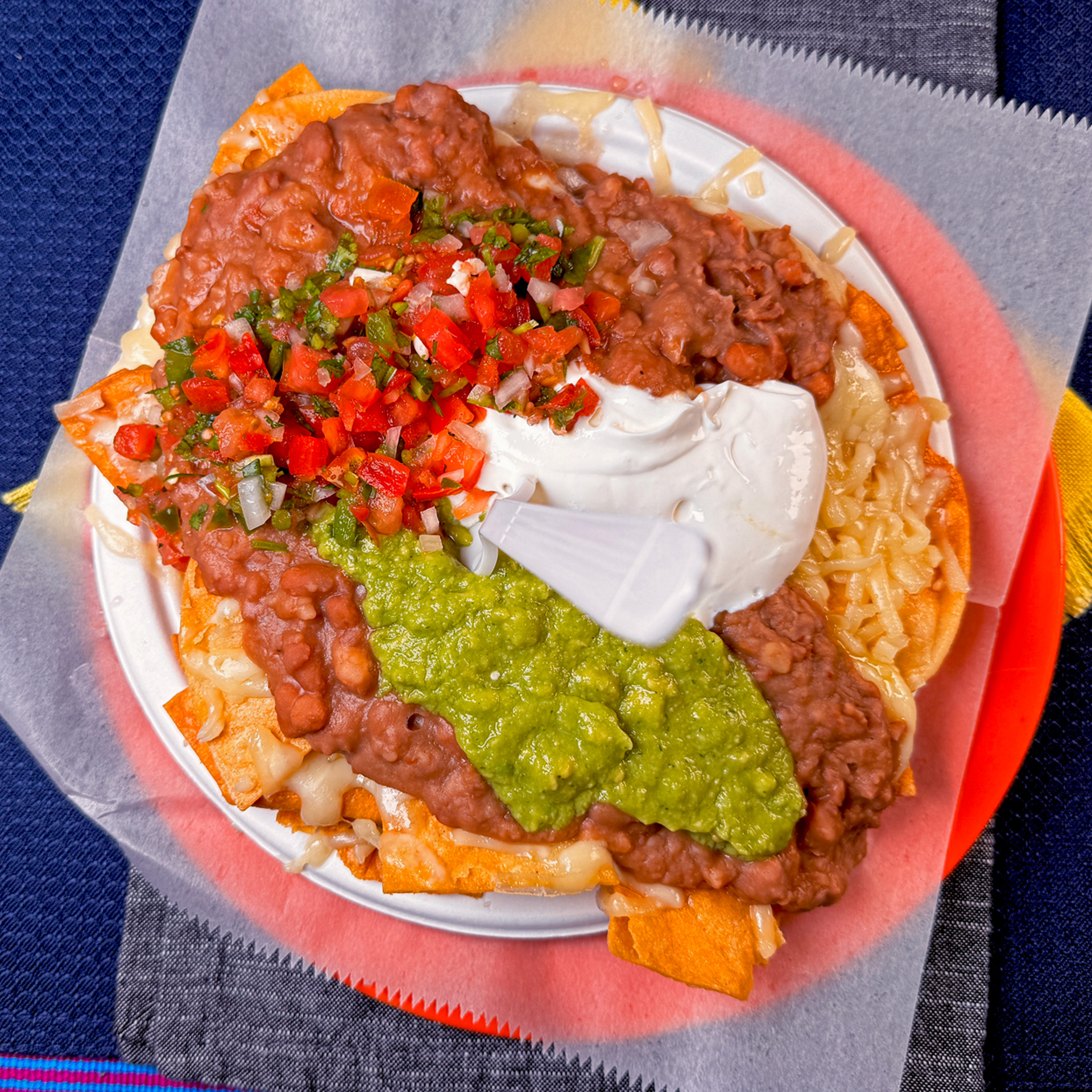 Crispy tortilla chips loaded with melted cheese, beans, guacamole, and sour cream.